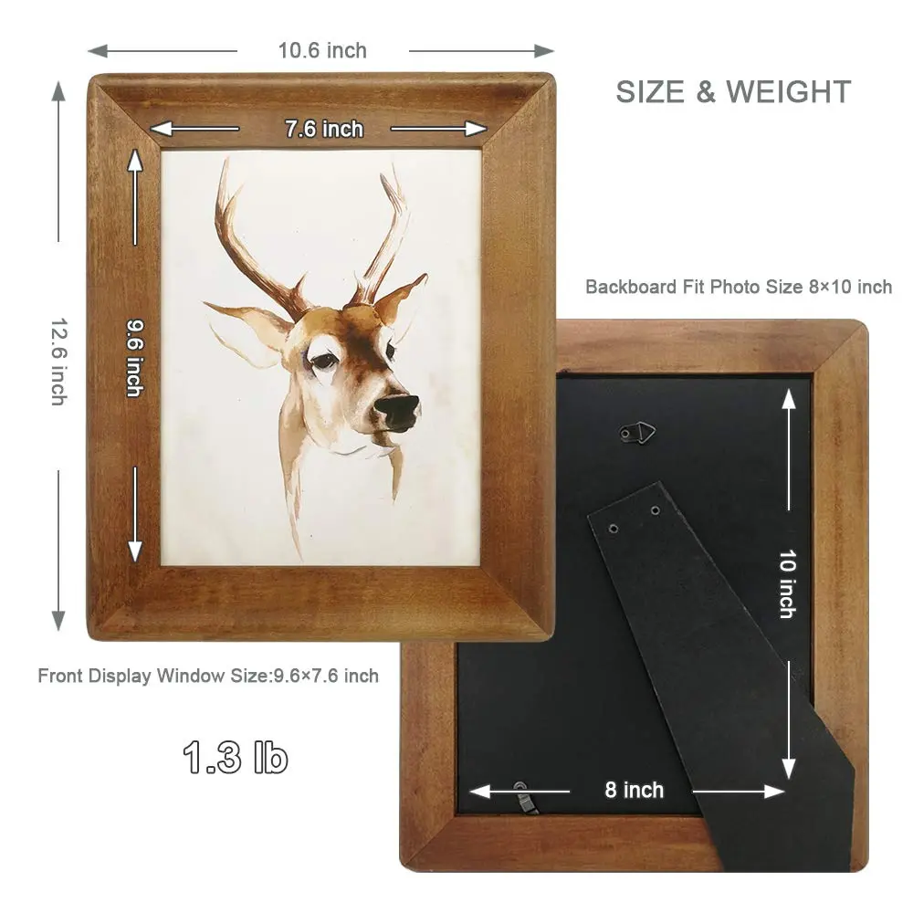 8x10 Picture Frames,Brown Rustic Wood Frame with Glass Front, Display 10x8 inch Photos for Table Top Display and Wall Mounting