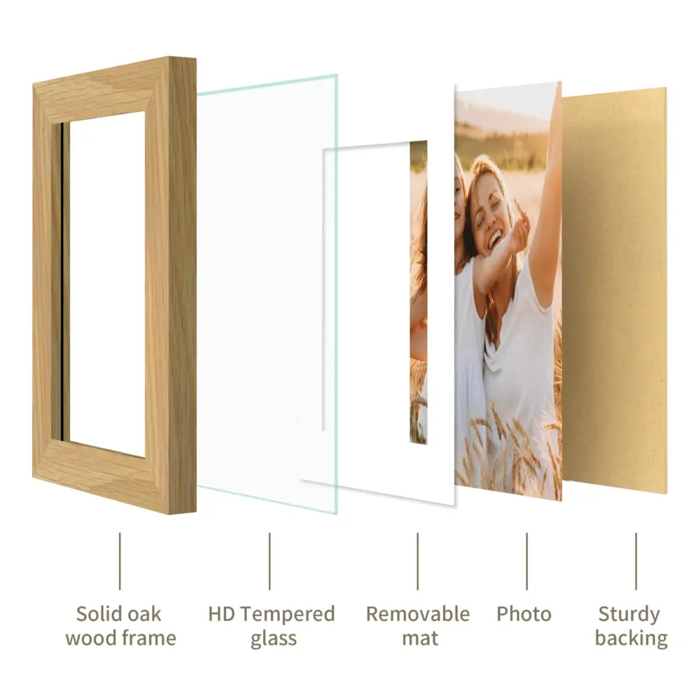 Solid Oak Wood Frame - 4x6 Natural Wooden Picture Frames with Real Tempered Glass,Display Pictures 3.5x5 with Mat or 4x6 Without Mat for Wall Decor Art Photo